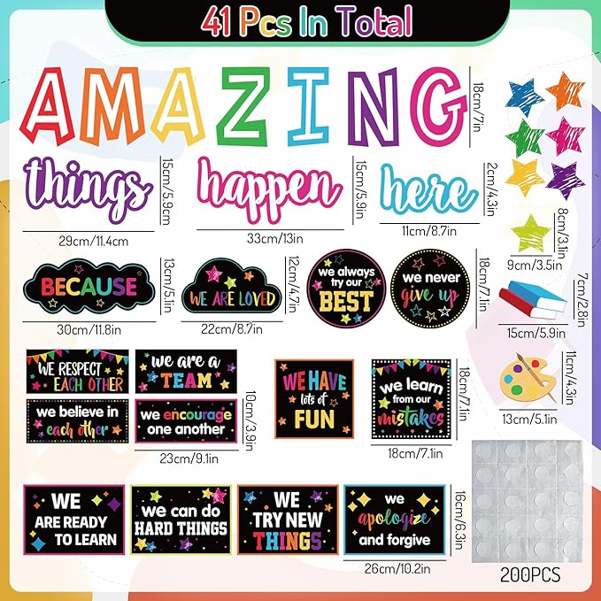 JarThenaAMCS Motivational Bulletin Board Decoration Amazing Things Happen Here Paper Cutouts with 100Pcs Glue Points Bulletin Border Stickers for Classroom Office School Home Decor, 41Pcs