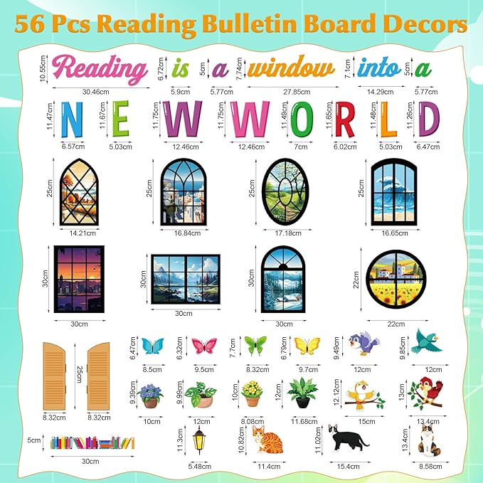 Honoson 56 Pcs Spring Reading Bulletin Board Set Back to School Classroom Decor Reading is a Window Bulletin Boards Book Border for Spring Motivational Library Classroom Chalkboard Wall Decor(Window)