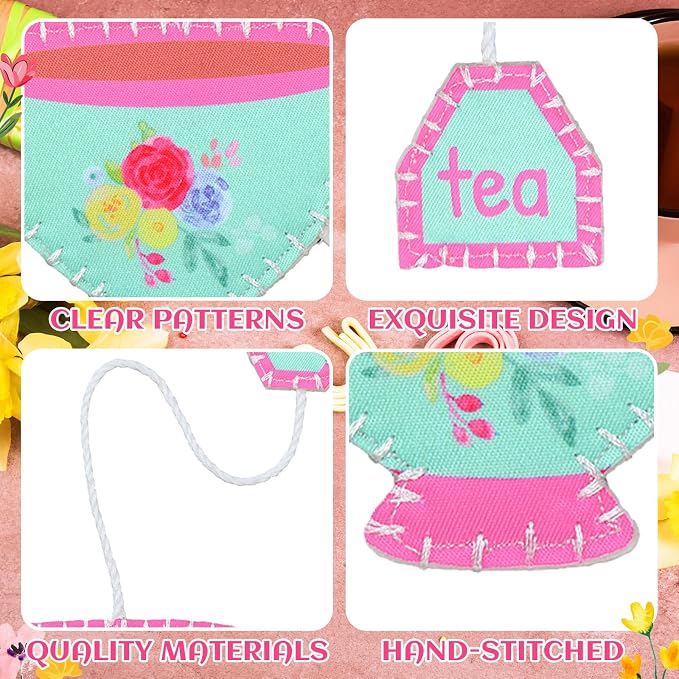 Resurhang 12 Pcs Tea Bag Bookmarks Tea Party Favors Cute Hand Embroidered Teapot Bookmarks Gift for Spring Holiday Teacher Women Book Reading Lovers Gift Book Marks (Retro)