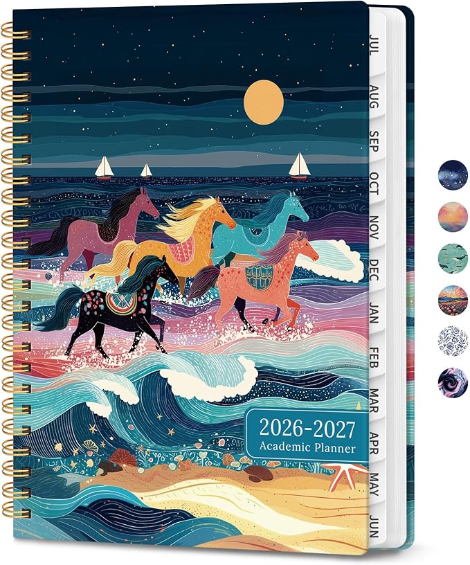 Planner 2026-2027, Monthly and Weekly Calendar Academic Planner July 2026 - June 2027, Hardcover Student Teacher Planning Agenda Book with Tabs, Perfect for Office School Supplies, A5 (6.3" x 8.5") - Waves Horses