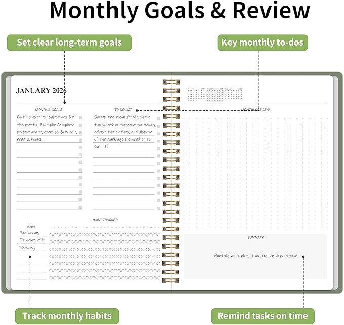 KMQOY Monthly Planner 2026-2027, 2026 Calendar 24 Months Planner, Jan 2026 - Dec 2027, 7.5"x10", Personal Calendar with Monthly Goals, To-Do List, Habit Tracker, 2 years for School Office Home Planning(Green)