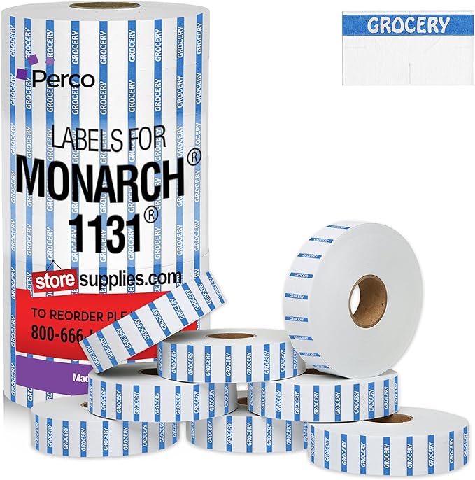 Monarch 1131 Blue Reverse Print on White Grocery Labels—8 Rolls, 1 Sleeve, 20,000 Labels for Monarch 1131 Price & Date Guns—with Tamper-Proof Design for for Supermarkets, Corner Stores & More—USA Made