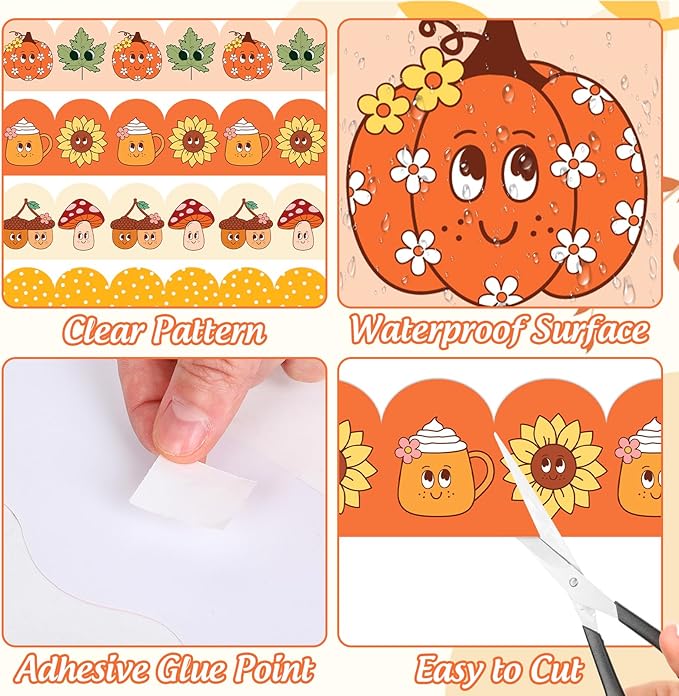 FYSUIMU 60 Pcs Fall Thanksgiving Cartoon Bulletin Board Borders Retro Pumpkin Leaves Mushroom Scalloped Border Trim Autumn Self-Adhesive Sticker for Harvest Party School Home Classroom Wall Decor