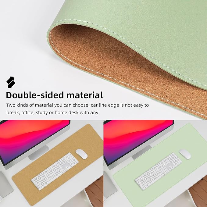 AFIING Leather Desk Pad Protector, Large Desk Mat with Natural Cork & PU Leather, Mouse Pad, Non-Slip, Waterproof Desk Writing Pad for Office and Home, Light Green