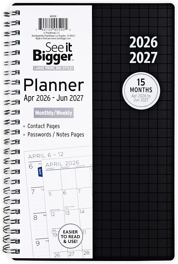 PlanAhead 2026 Planner - 8.75"x5.75" 15 Month Weekly & Monthly Academic Planner Notebook with Tabs - Black Grid Design - Spiral Calendar Agenda for School, Work & Office