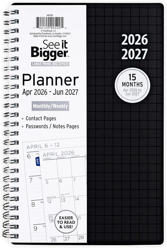 PlanAhead 2026 Planner - 8.75"x5.75" 15 Month Weekly & Monthly Academic Planner Notebook with Tabs - Black Grid Design - Spiral Calendar Agenda for School, Work & Office