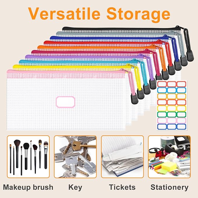 9.4x4.9 Inches Mesh Zipper Pouch with Sticker, 20 Pack Puzzle Storage Bags in 10 Colors, Organization Baggies for Travel, Office Appliances, Classroom Supplies and Home Classification