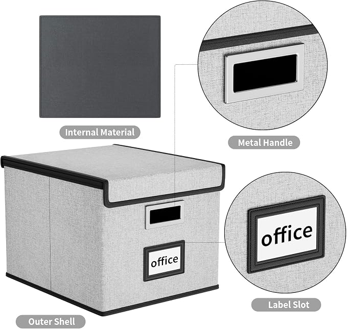 Collapsible File Storage Organizer Boxes with Lids, Portable Large Linen Hanging Filing Storage Boxes, Decorative Home/Office Filling System for File and Folder Storage (Grey)-2 Pack