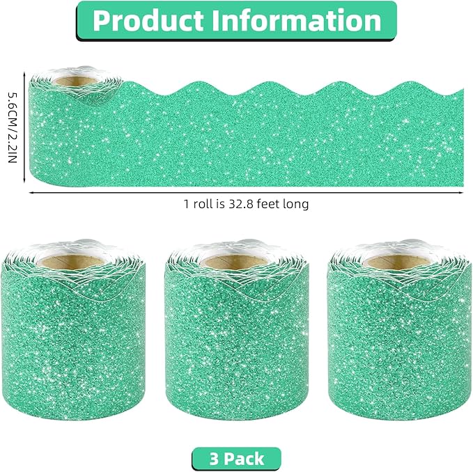 3 Rolls 98.4 Ft Glitter Bulletin Board Borders Set - Christmas Green Bulletin Board Decorations for Classroom, Office，School Supplies & Home DIY - Perfect for Teachers, Posters & Birthday Party Decor
