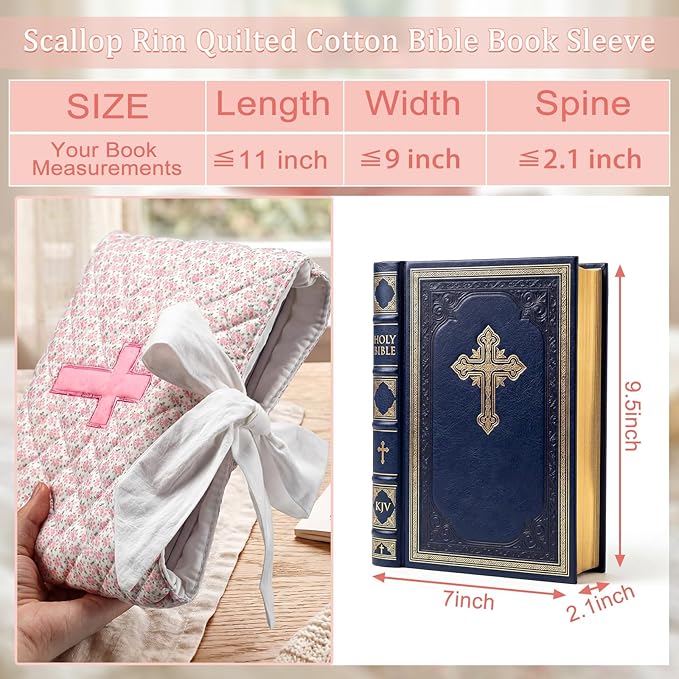 Honoson Quilted Bow Bible Sleeve Cover Case Padded Protector Washable Bible Bag Pouch Christian Gift for Women Girls Book Lover Gifts(Pink Floral Cross)