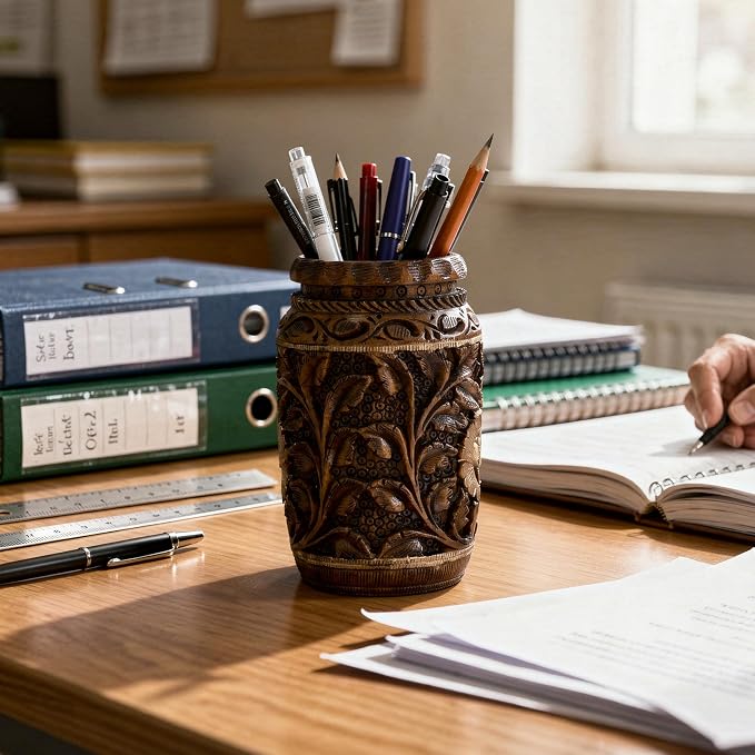 Craft Trade Hand Carved Wooden Pen Holder & Pencil Cup, Natural Wood Desk Organizer Storage Box - Leaf Maroon