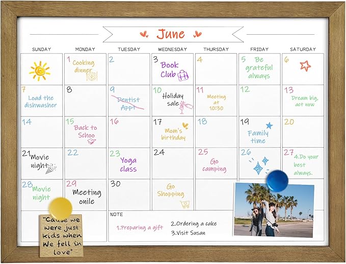 Dry Erase Monthly Calendar Whiteboard, Magnetic Surface White Board for Wall, Office/School/Home, Solid Pine Wood Rustic Brwon Frame Hanging Board & Planning Board, 13"x 17" (YL-RB-3343-B)
