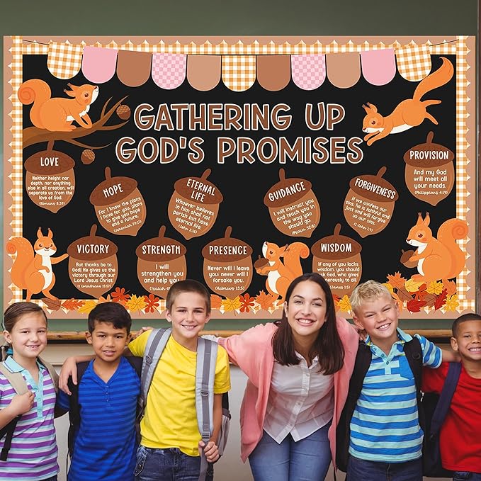 Bible Verse Bulletin Board Autumn Christian Classroom Decoration Gathering Up God's Promises Coutouts Retro Groovy Religuous for School Home Office Chalkboard Blackboard Wall Window Decor Supplies