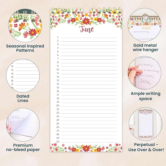 bloom daily planners Perpetual Hanging Flip Calendar - 5” x 10” - Monthly Wall Organizer Notepad for Important Dates, Birthdays, Anniversaries - Seasonal Florals