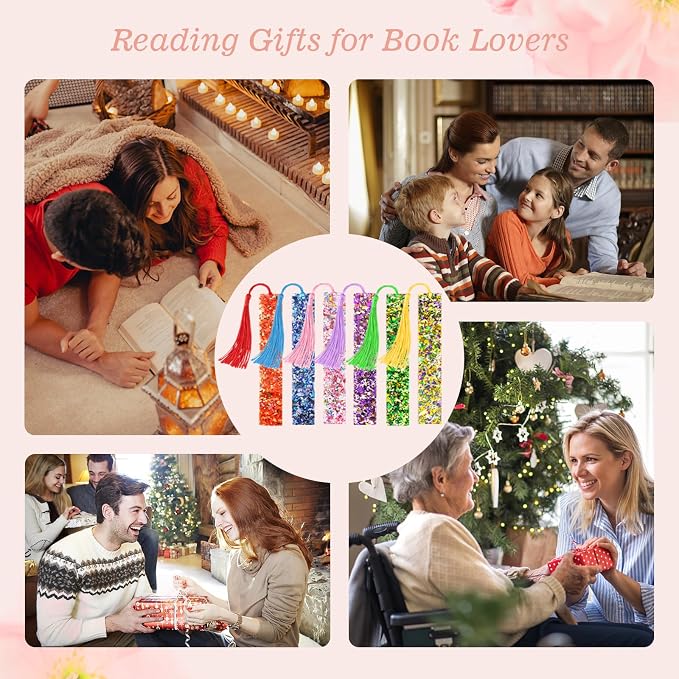 Leezmark 6 Pcs Resin Glitter Bookmarks with Colorful Silk Tassels, Transparent Acrylic Unique Bookmarks for Kids Reading, Cool Book Accessories for Book Lover Gifts (6 Colors)