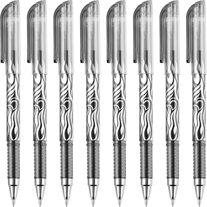 RIANCY 8 Pack Black Ink Erasable Gel Pens, 0.5mm Fine Point, Flame Patterned Barrel, Comfortable Grip, with Eraser, Ideal for Journaling, School Work, Office Tasks, Note Taking, DIY Projects
