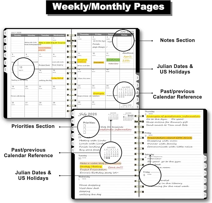 Ymumuda 2026 Planner, Daily Weekly and Monthly Planner，Jan 2026 - Dec 2026, 8.4" x 6.3", 2026 Calendar Planner Book with Tabs, Spiral Notebook with Inner Pocket for Office Home School Supplies