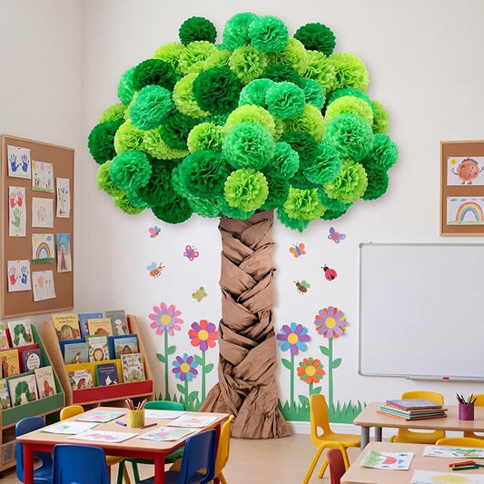Mooliwe Classroom Tree Bulletin Board Set DIY 3D Cardboard Tree with Paper Pom Poms Kraft Craft Bulletin Board Wall 3D Decorations for School Elementary Teacher Chalkboard (Green,8, 10, 12 Inch)