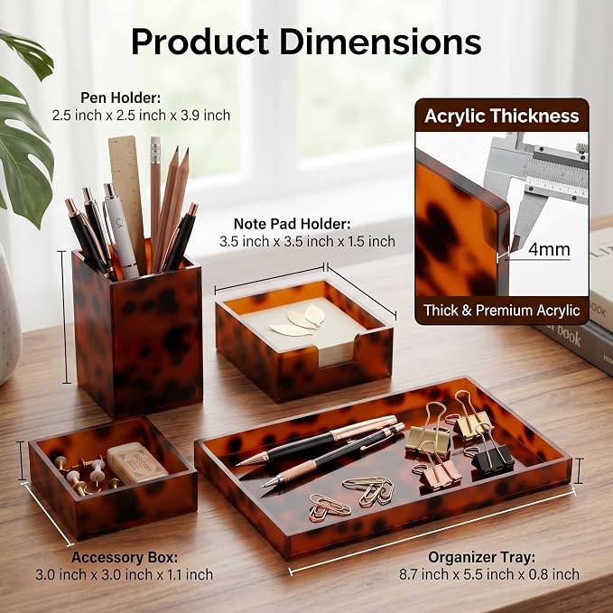 4 Pcs Tortoiseshell Desk Drawer Organizer Set Aesthetic Pen, Paperclip, Sticky Note Holder, Desk Rrganizer Tray for Office Home Supplies