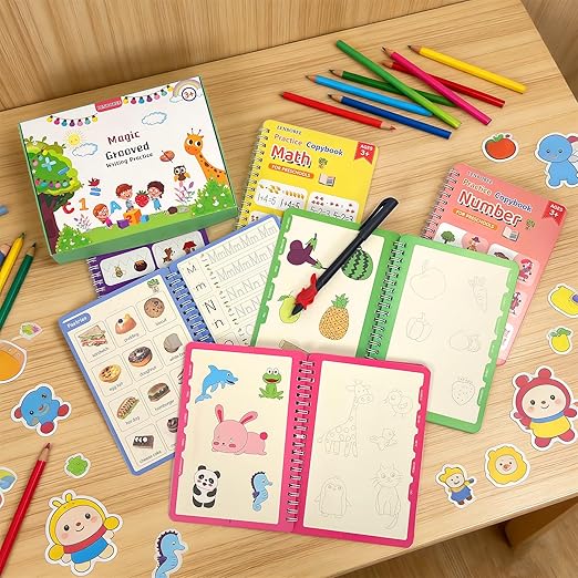 6 Pack Magic Grooved Writing Practice Books Reusable Magical Handwriting Practice for Kids Ages 3-8 Kindergarten Back to School Educational Gift Preschool Valentines Classroom Gift