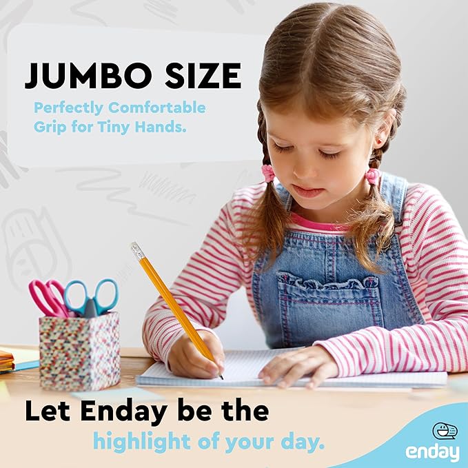 Emraw Enday Jumbo Pencils For Preschoolers (8 Pack) No 2 for Kids, Kindergarten School Supplies, Fat Pre-Sharpened Round Pencil with Eraser Top, Thick Pencils for kids ages 4-8