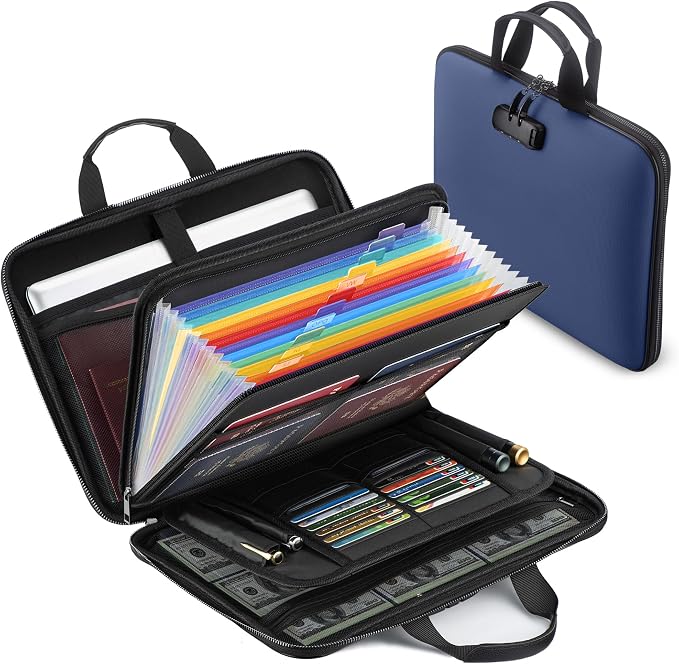 Fireproof Document Box with Combination Lock, Hard-Shell Fireproof File Organizer for Legal Documents, Laptop, Valuables & Important Papers, 13-Pocket Accordion File Folder