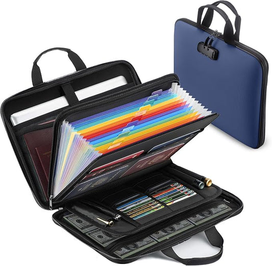Fireproof Document Box with Combination Lock, Hard-Shell Fireproof File Organizer for Legal Documents, Laptop, Valuables & Important Papers, 13-Pocket Accordion File Folder