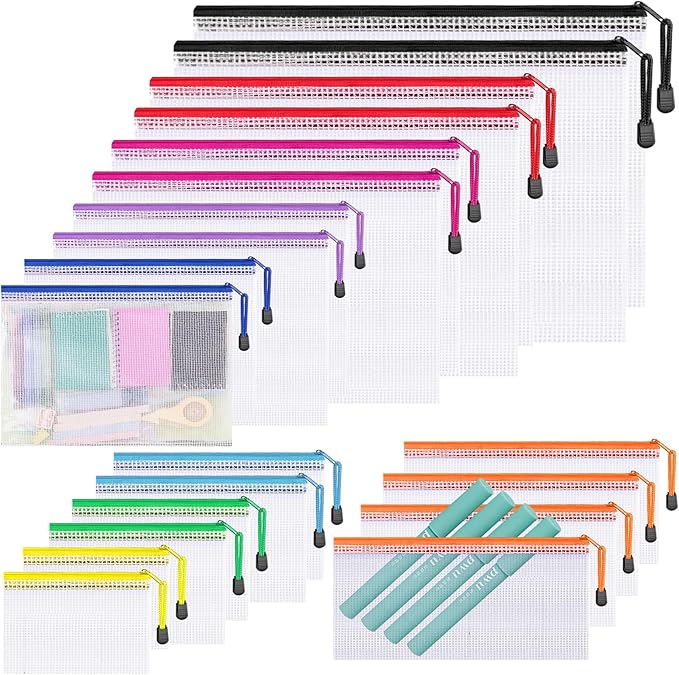 Krvyrn Multisize Mesh Zipper Pouches (20 Packs 9 Sizes) for Storage and Organization, Waterproof Mesh Pouches for Puzzle, Board Game, Toys, Travel, School, and Office Supplies