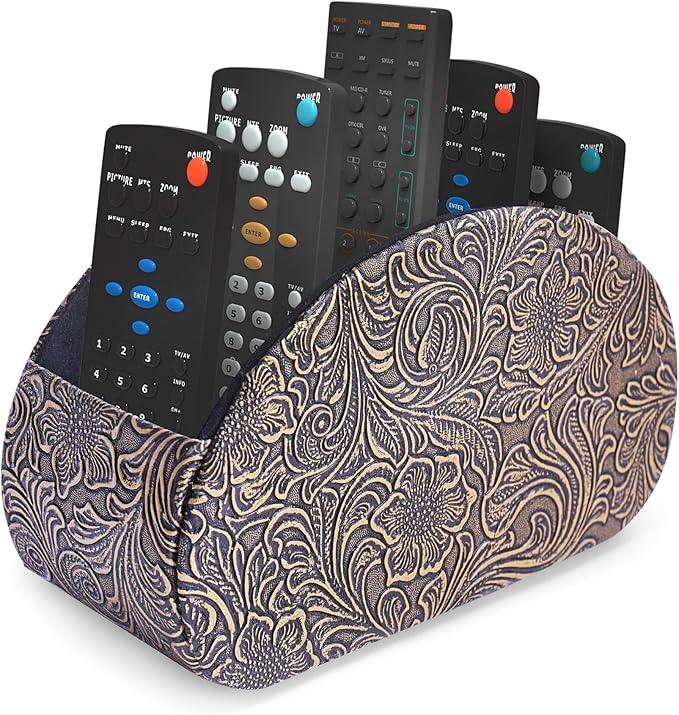 QIELIZI Remote Control Holder, PU Leather Remote Caddy Desktop Organizer with 5 Spacious Compartments for TV Remotes/Media Controllers/Office Supplies (1-Carved Copper Gold
