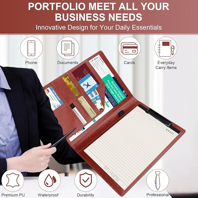 Clipboard Padfolio with Storage Pocket, Clipboard Folder Portfolio Organizer,360 Degree Foldable Clipboards with Refillable Notepad,Faux Leather Padfolio Organizer for Office School Supplies-Red Brown