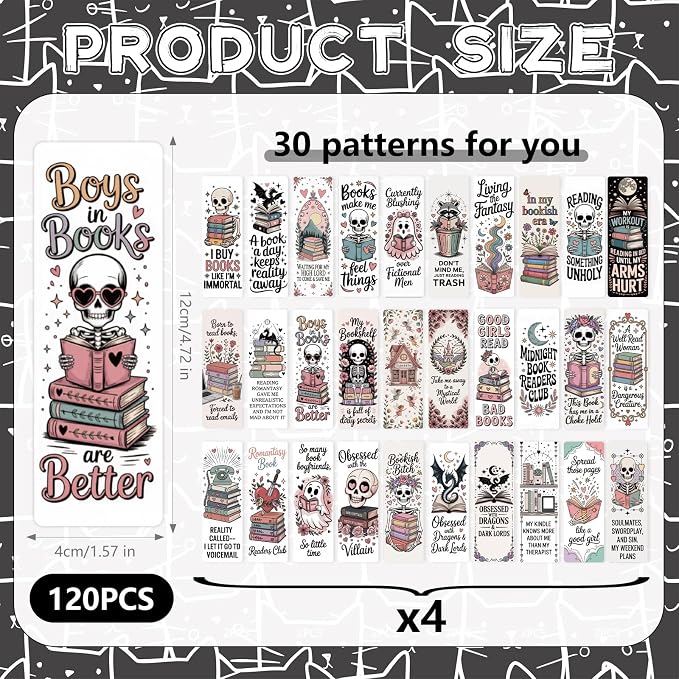 Dark Romance Bulk Bookmark for Women, 120 Pcs Cute Skull Dragon Paper Bookmarks Gift for Book Lovers, Romantasy Reading Accessories Creative Gifts for Men Teachers