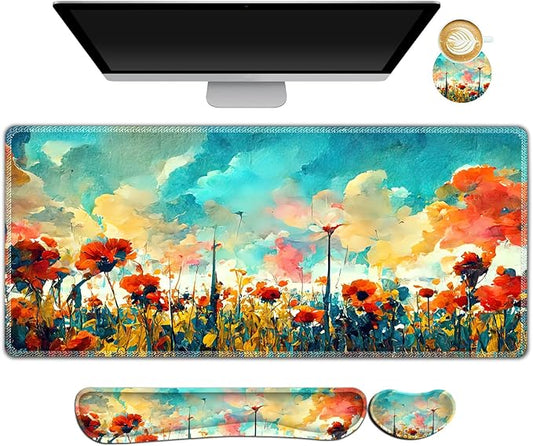 ARTSO Gaming Mouse Pad Wrist Support Set, XXL Large Desk Mat Mousepad + Keyboard Wrist Support+ Mouse Wrist Rest+Coaster 4in1 Ergonomic, Stitched Edge for Home Office -Oil Painting Flowers Plants