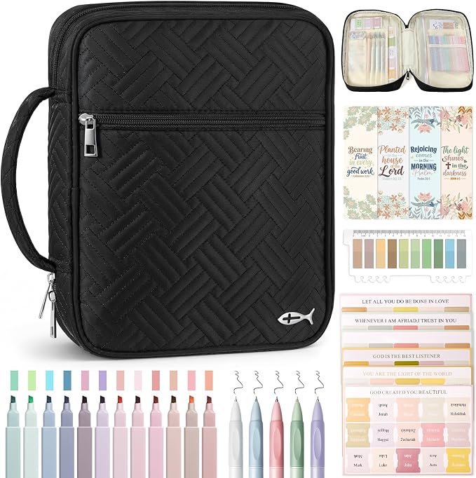 XKDOUS Bible Cover Case for Women, Large Bible Cover with Durable Handle, Washable Quilted Bible Case, Bible Study Supplies & Christian Gifts for Mom, Women, Men (Black)
