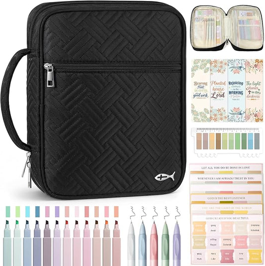XKDOUS Bible Cover Case for Women, Large Bible Cover with Durable Handle, Washable Quilted Bible Case, Bible Study Supplies & Christian Gifts for Mom, Women, Men (Black)