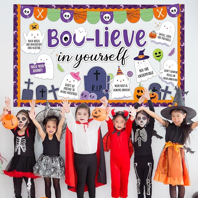 Halloween Ghost Bulletin Board Set Boo-Lieve in Yourself Affirmation Station Bulletin Board Classroom Decorations Cute Ghost Pumpkin Paper Cutouts for Halloween Party School Classroom Home Wall Decor