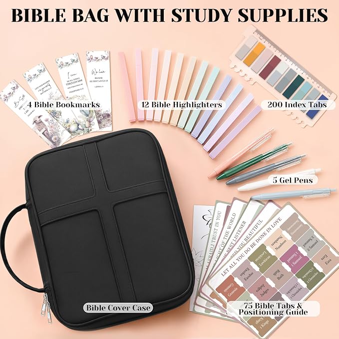 XKDOUS Large Bible Cover, Bible Bag with Handle, Durable Cross Design Bible Case with Bible Accessories, Bible Cover Case for Women and Men, Christian Gift (Black)