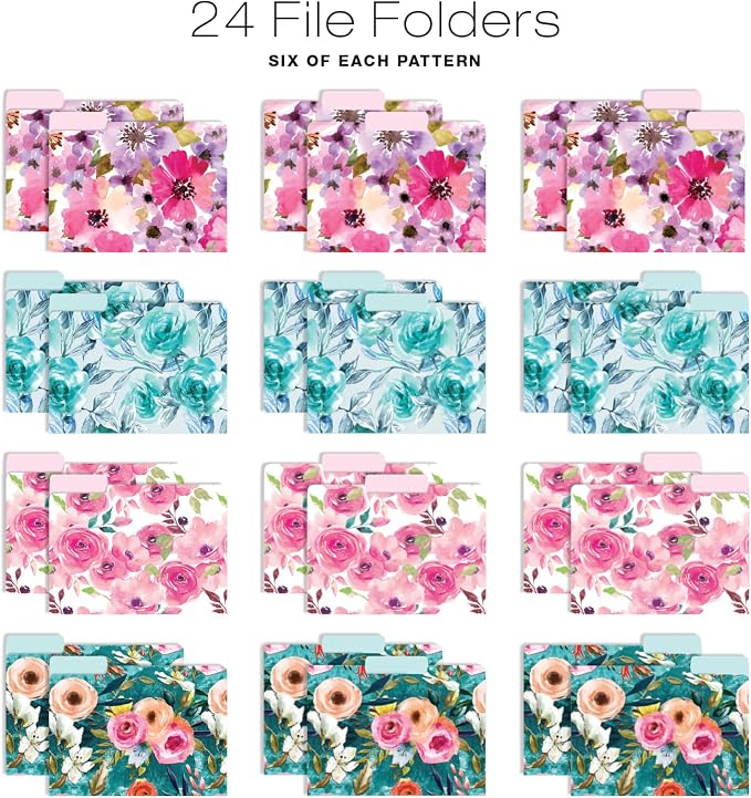 Global Printed Products Deluxe Designer Hanging File Folder Kit, Includes Metal Hanging Basket, 12 Hanging Folders, 24 File Folders, 1/3 Cut Tab, Assorted Positions, Letter Size (Floral)