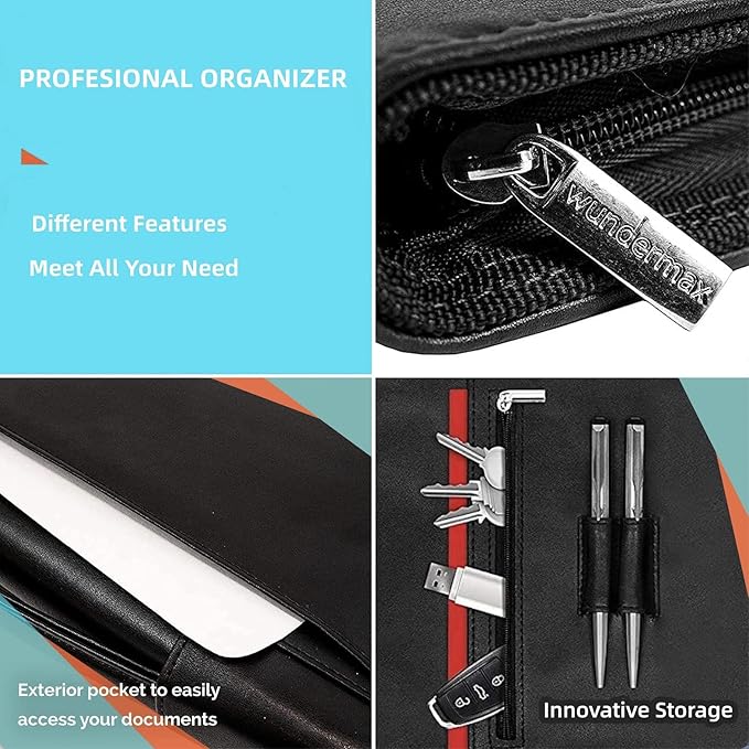 Wundermax Vegan PU Leather Portfolio with Zipper - Business Notebook Organizer for Resume - Padfolio for Men & Women w/Notepad Compatible with 10" iPad/Tablet Pocket Aesthetic School Suppliers, Brown