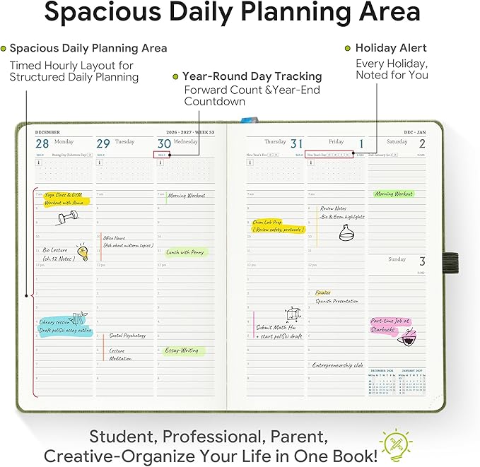 2026-2027 Weekly and Monthly Planner (July 2026–December 2027), 6.5"x8.5", Vertical Layout, 18 Months Agenda with Month Tabs & Pocket, Academic Calendar with Vegan Leather Cover,Sky Blue