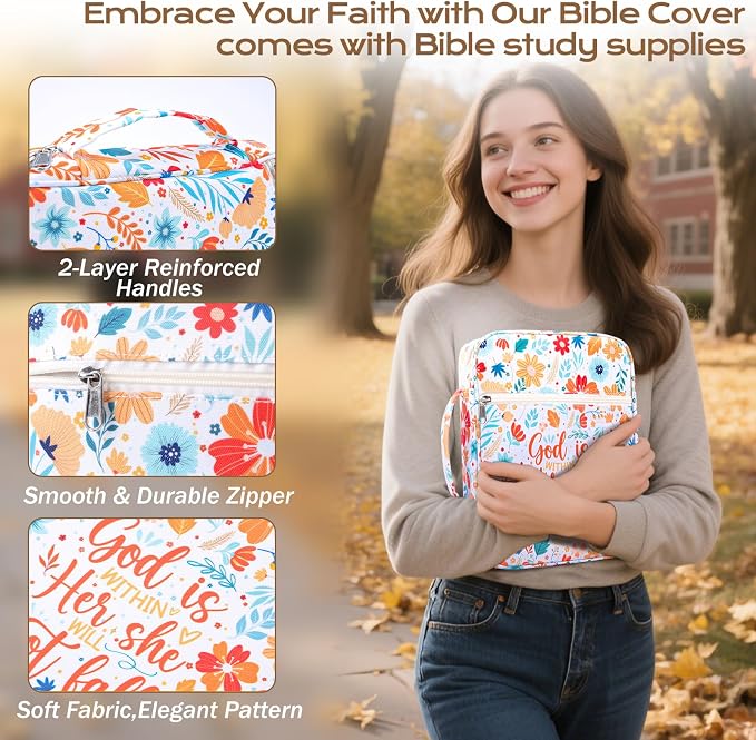 XKDOUS Bible Cover Case for Women Floral Pattern Bible Bag with Handle, Pens & Tabs, Study Supplies Carrying Case Organizer Portable Church Book Holder