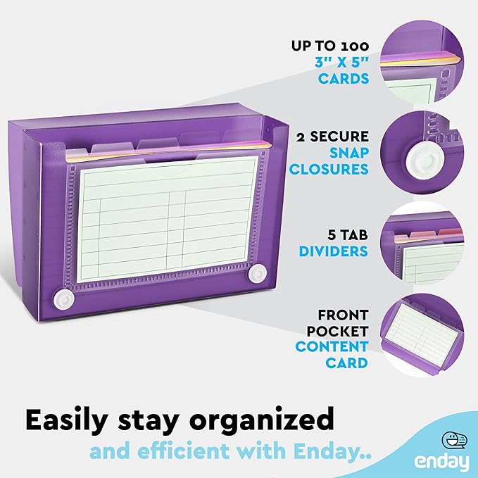 Enday Index Card Holder Purple, 3x5 Note Flash Card Organizer Case, File Box with 5 Dividers, Notecard Box Holds 100 Cards, Also Available in Red, Blue, Green, Pink, Grey, 4 Pack