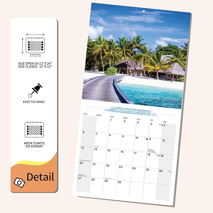 Wall Calendar 2026 Planner Calendar - Maldives Hangable Monthly Wall Calendar with Large Blocks for Organizing & Planning, Academic Schedule, Home, Office & family, Thick & Sturdy Paper (12"x24" Open)
