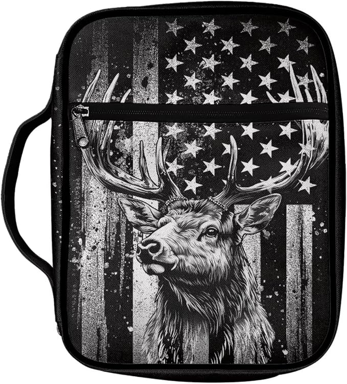 Coldinair Elk Camo USA Flag Bible Covers for Boys Kids Teens Portable Bible Case with Bookmark Large Carrying Book Case Church Bag Protective with Pocket and Zipper