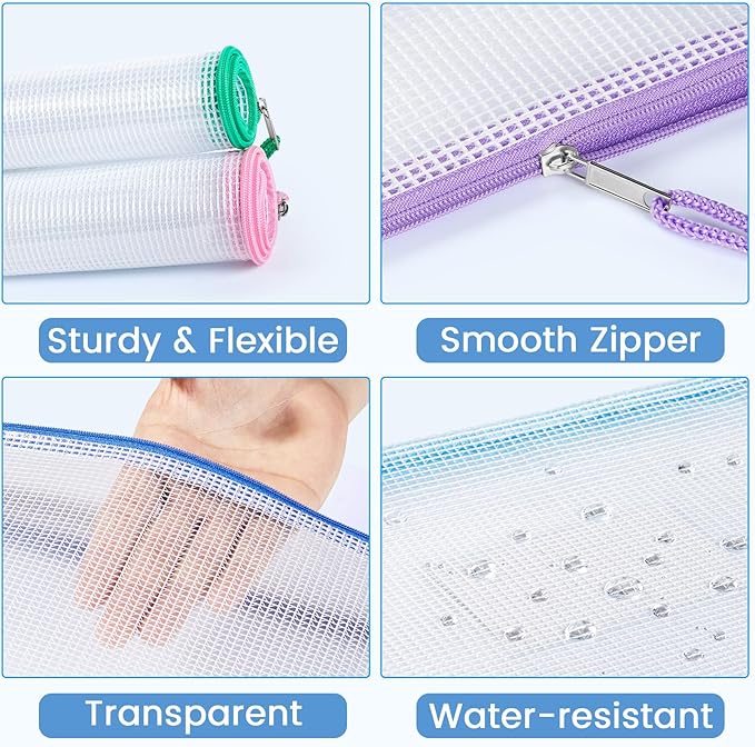 Sooez 14 Pack Mesh Zipper Pouch Bags, A4 Letter Size, Zipper Bags with Label Pocket, Waterproof Bag for Classroom Organizer, School Office Teacher Supplies, Storage Pouches for Board Game Toy Storage