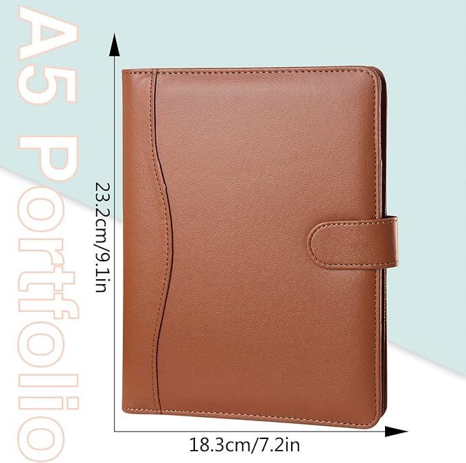 Padfolio Portfolio Binder, Leather Clipboard Folder Briefcase Loose-Leaf Binder with Cover Brown Folder with Pockets Resume Folder for Business Office Meeting Men Women's Business (A5, Brown)