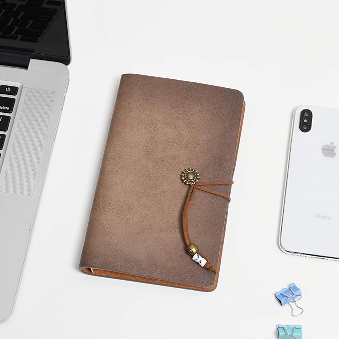 WONDERPOOL Leather Journal A6 Refillable 6 Ring Binder Notebook with Lined Paper and Pen,Writing Diary for Work Travel and Agenda Plan (a-Maroonpink)