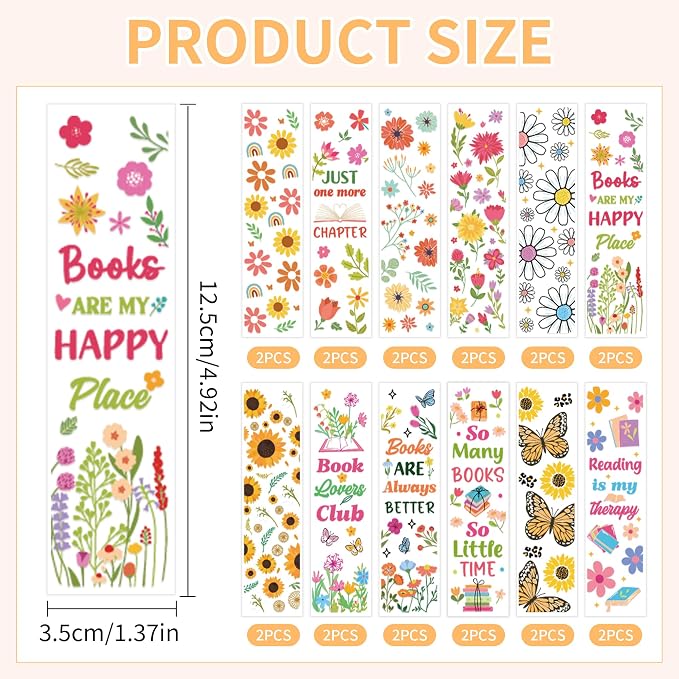 UV DTF Bookmark Wraps - 24 Sheets Flower Acrylic Bookmark Blanks Sticker, Sunflower UV DTF Transfer Stickers, Butterfly Daisy Design for Book Lover DIY Projects