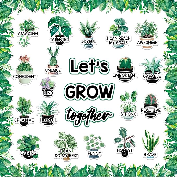 gisgfim Greenery Affirmation Station Bulletin Board Classroom Decorations Set Let’s Grow Plant Potted Paper Cutout for Motivational Plant Teacher Back to School Wall Door Chalkboard Decor