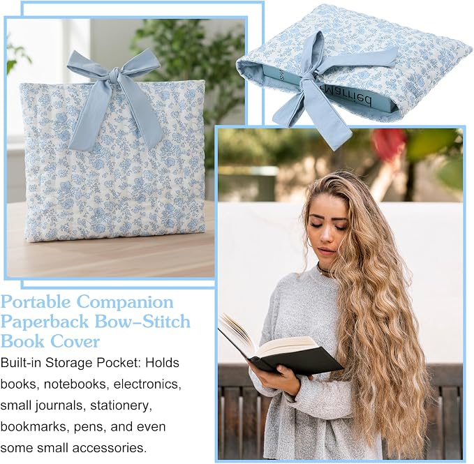 Quilted Bow Book Sleeve Washable Book Sleeve Pouch for Women Practical Gifts(Blue Floral)