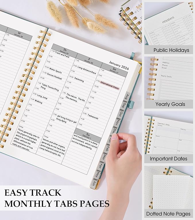 2026 Planner, Weekly and Monthly Calendar Planner from January 2026 - December 2026, 5.75" x 8.38" Hardcover Leather Hourly Appointment Book with Tabs, A5 Spiral Daily Planners for College School Work Home, Blue
